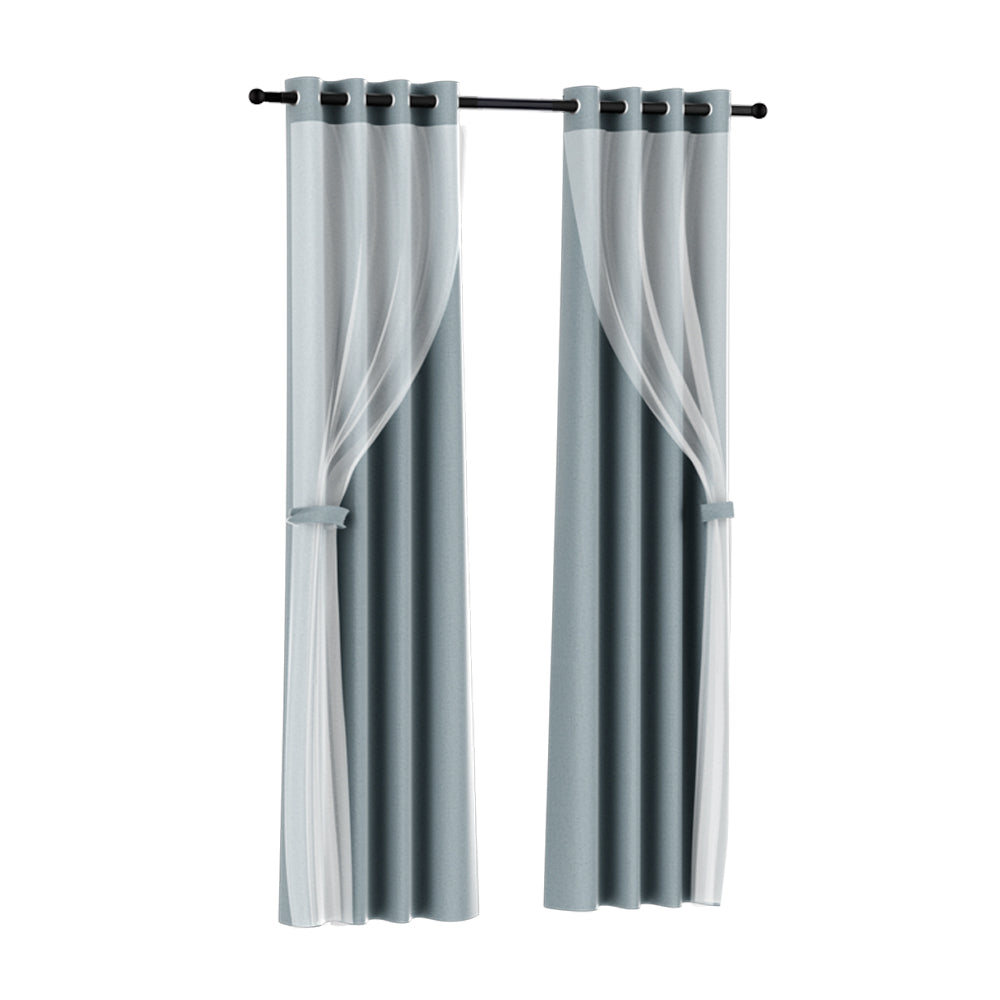 2X Blockout Window Eyelet Sheer Curtains (132x160cm) Light Grey