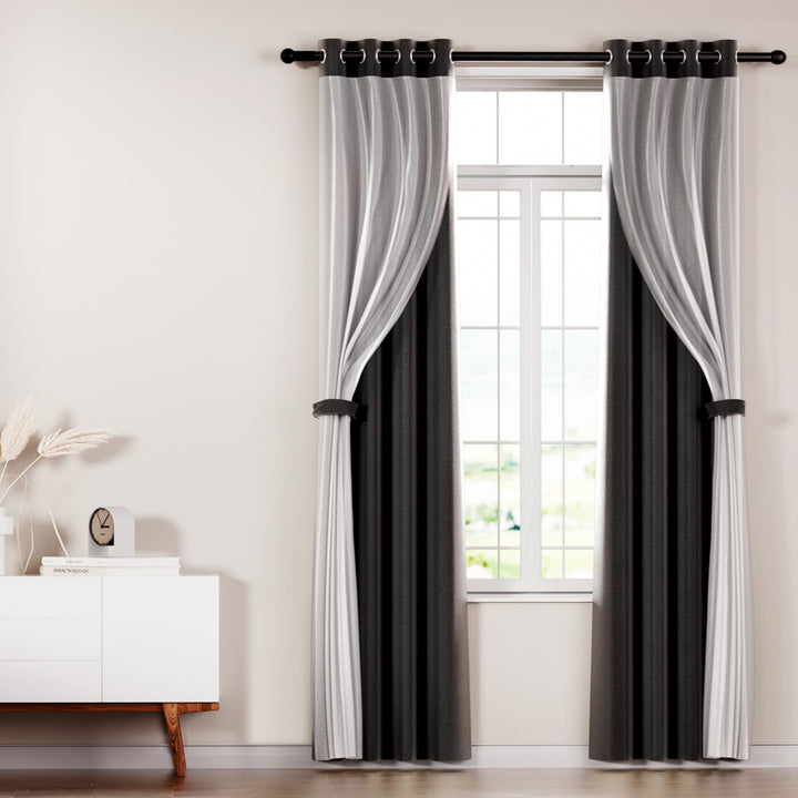 2X Blockout Window Eyelet Sheer Curtains (132x213cm) Black