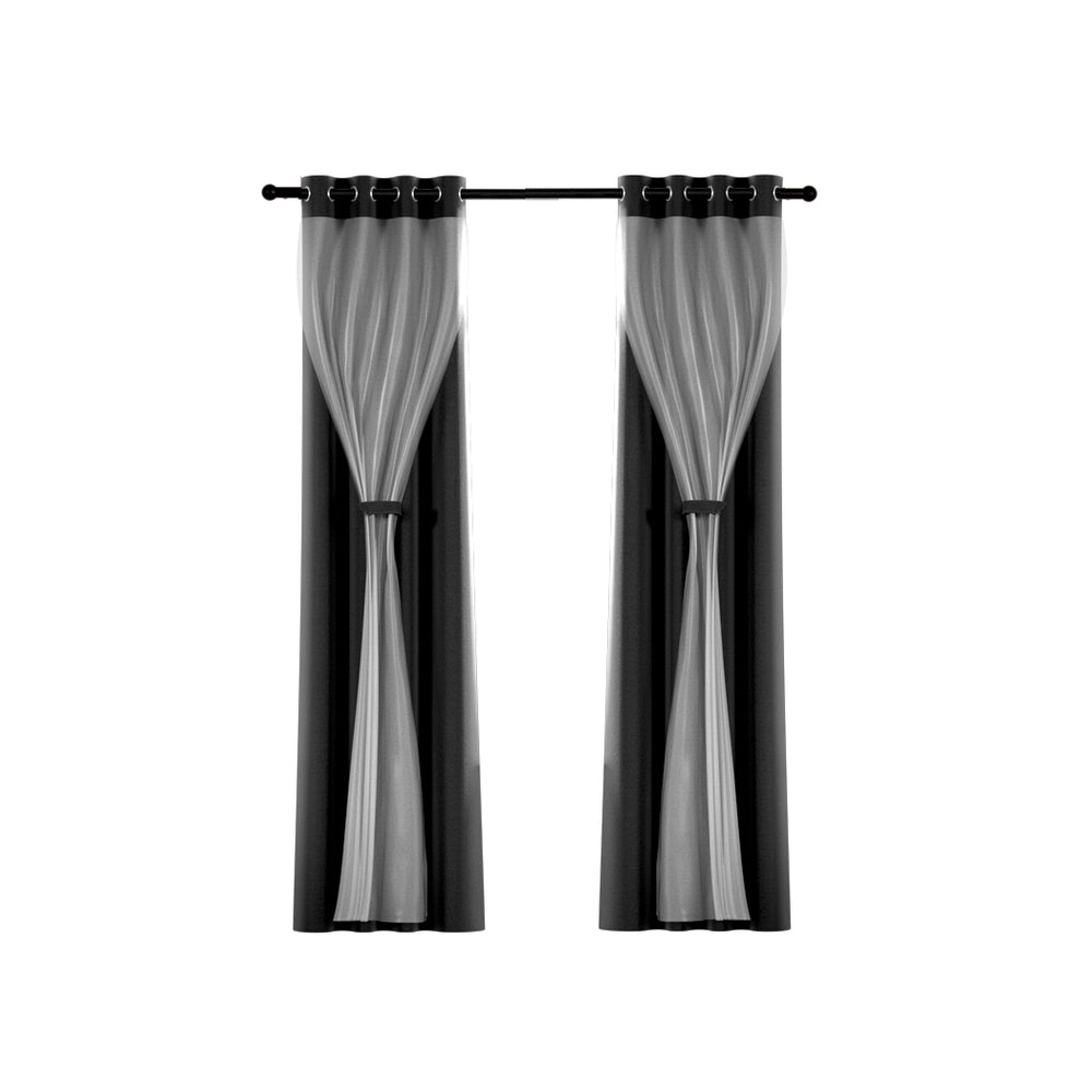 2X Blockout Window Eyelet Sheer Curtains (132x242cm) Black