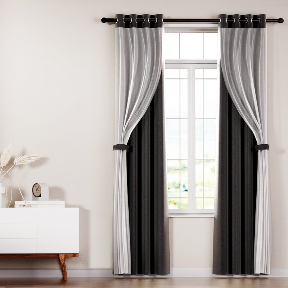 2X Blockout Window Eyelet Sheer Curtains (132x242cm) Black