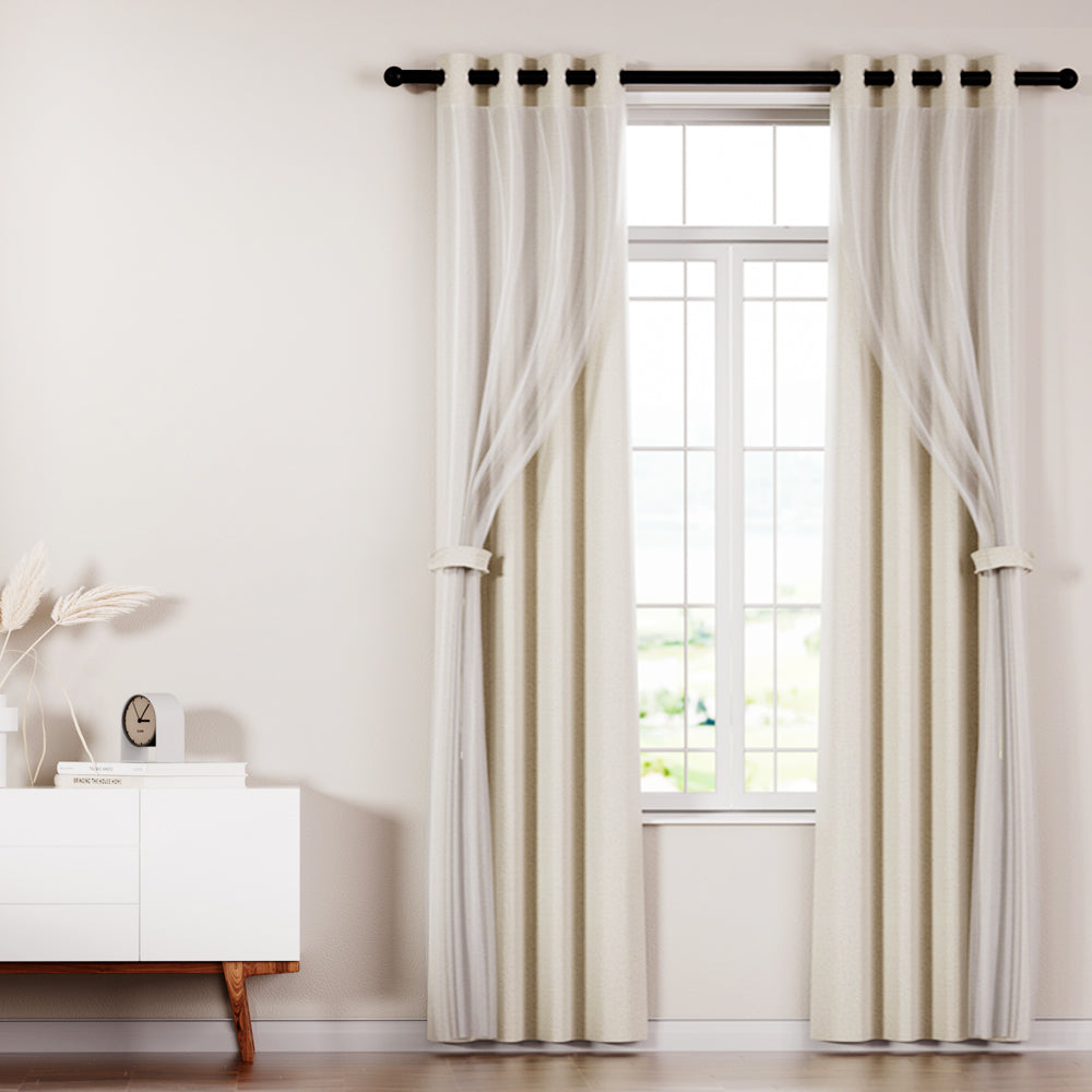 2X Blockout Window Eyelet Sheer Curtains (132x274cm) Beige - Homecoze