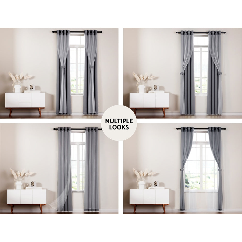 2X Blockout Window Eyelet Sheer Curtains (132x304cm) Charcoal - Homecoze