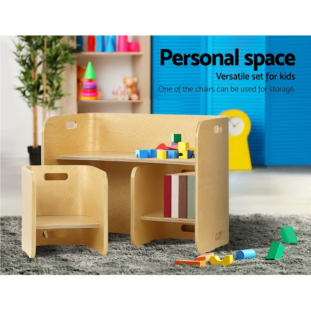 3PC Kids Table and Chairs Storage Desk Set - Natural - Homecoze