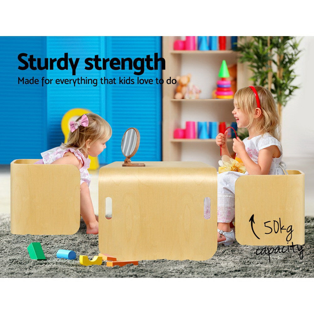 3PC Kids Table and Chairs Storage Desk Set - Natural - Homecoze