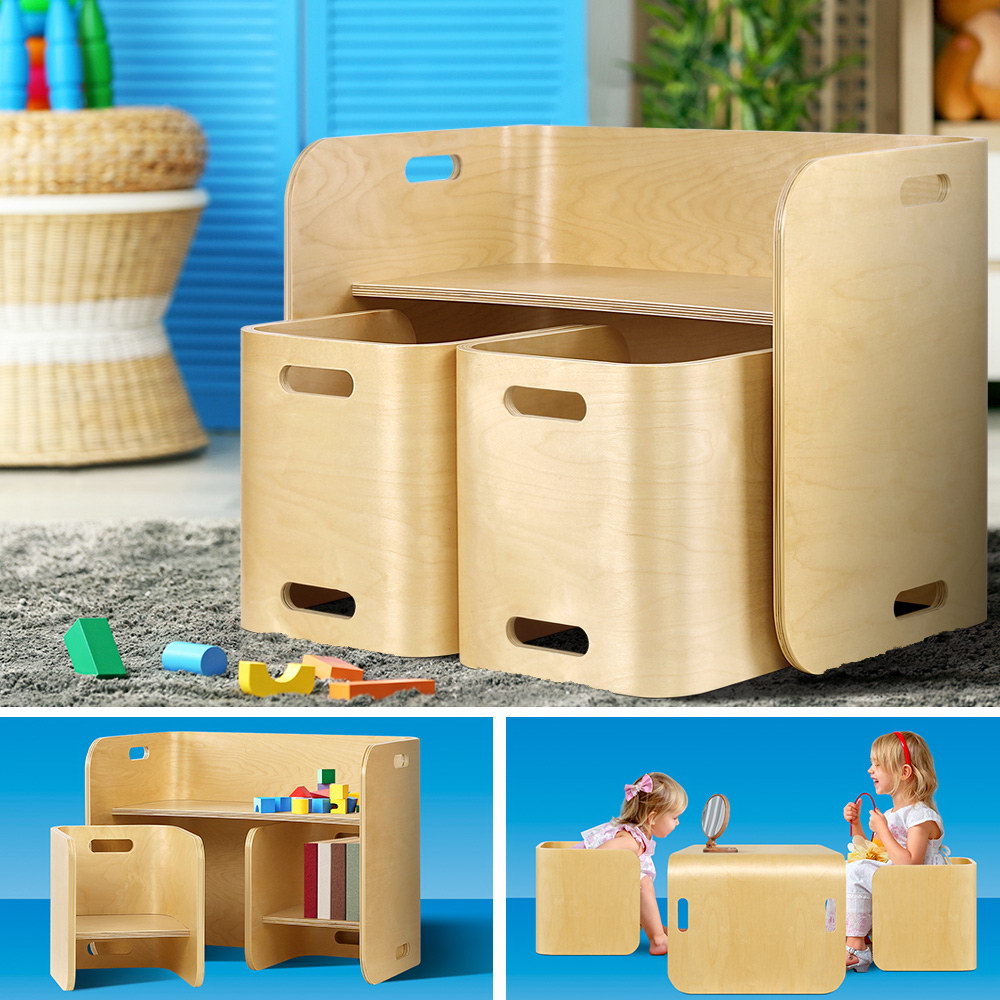 3PC Kids Table and Chairs Storage Desk Set - Natural - Homecoze