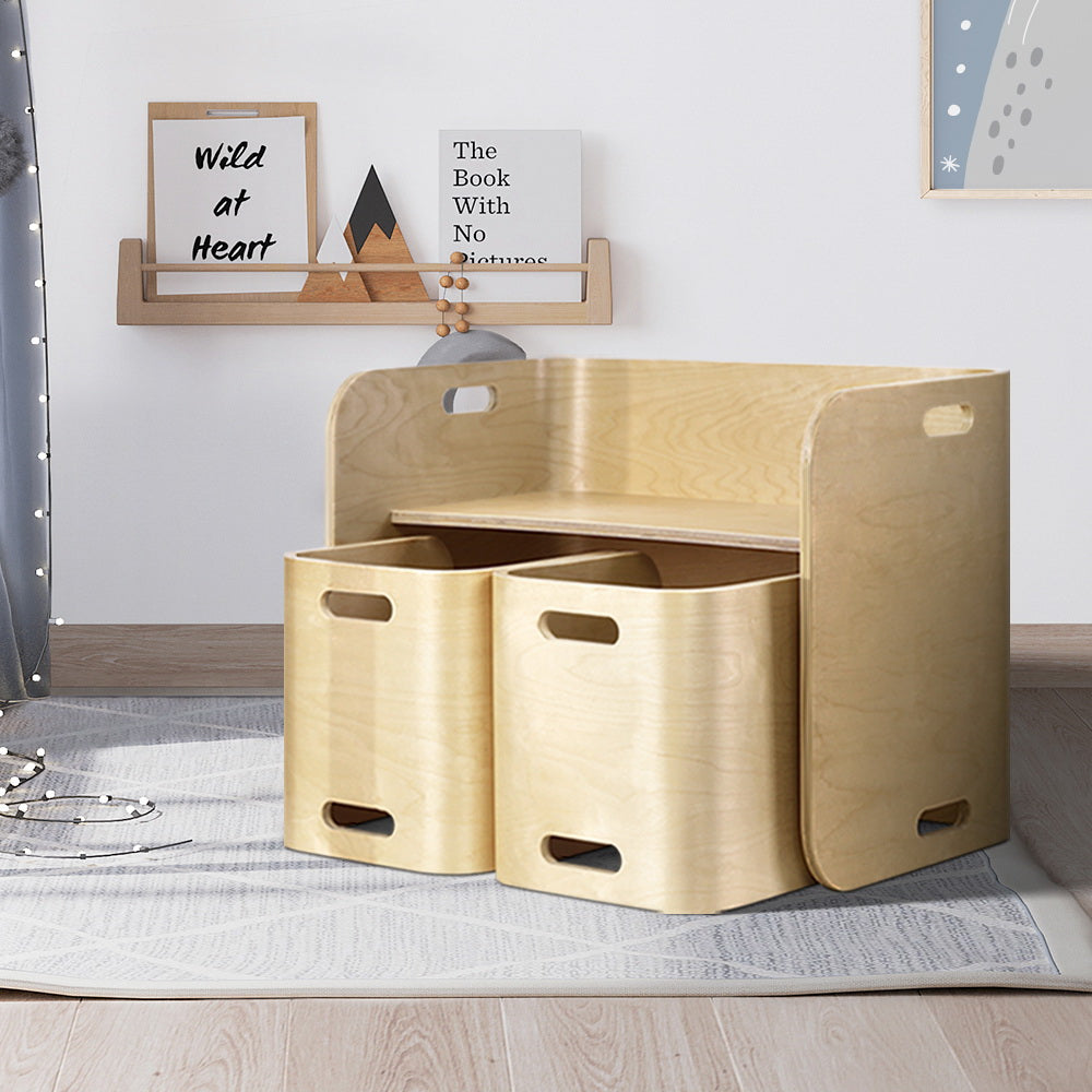 3PC Kids Table and Chairs Storage Desk Set - Natural - Homecoze