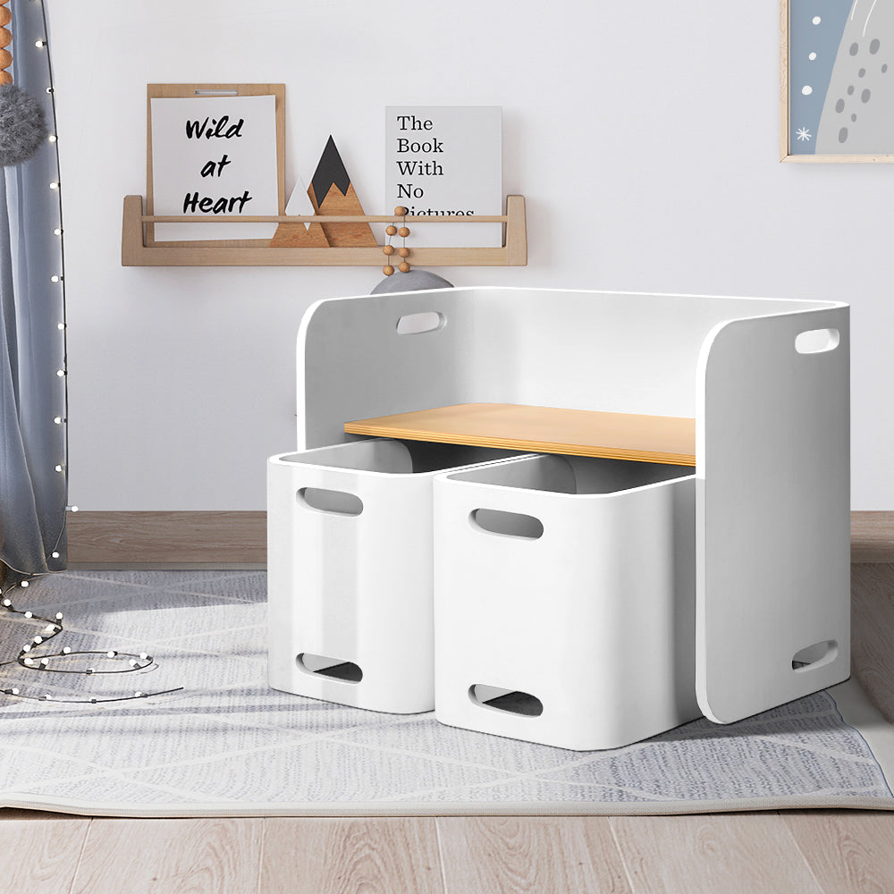3PC Kids Table and Chairs Storage Desk Set - White - Homecoze