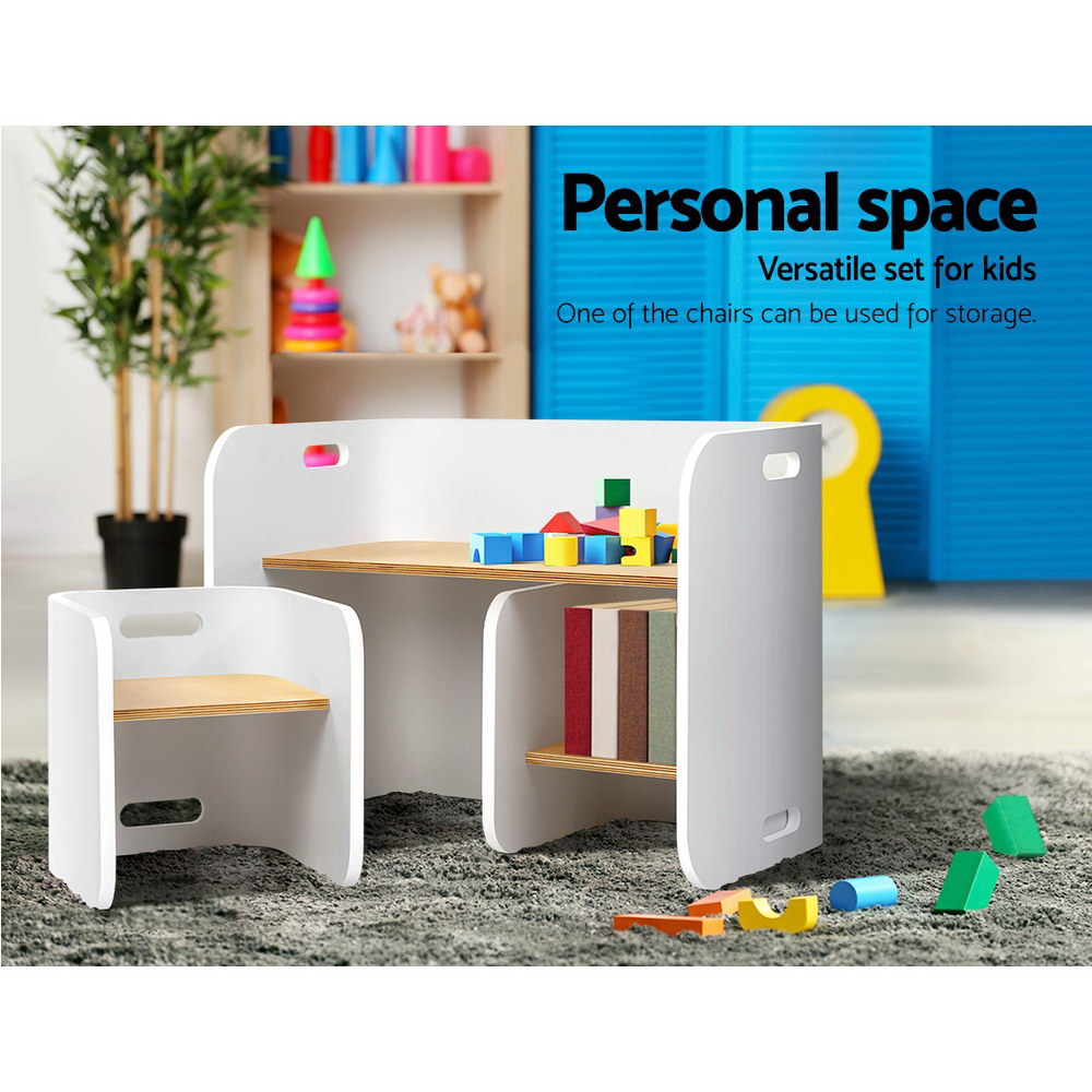 3PC Kids Table and Chairs Storage Desk Set - White - Homecoze