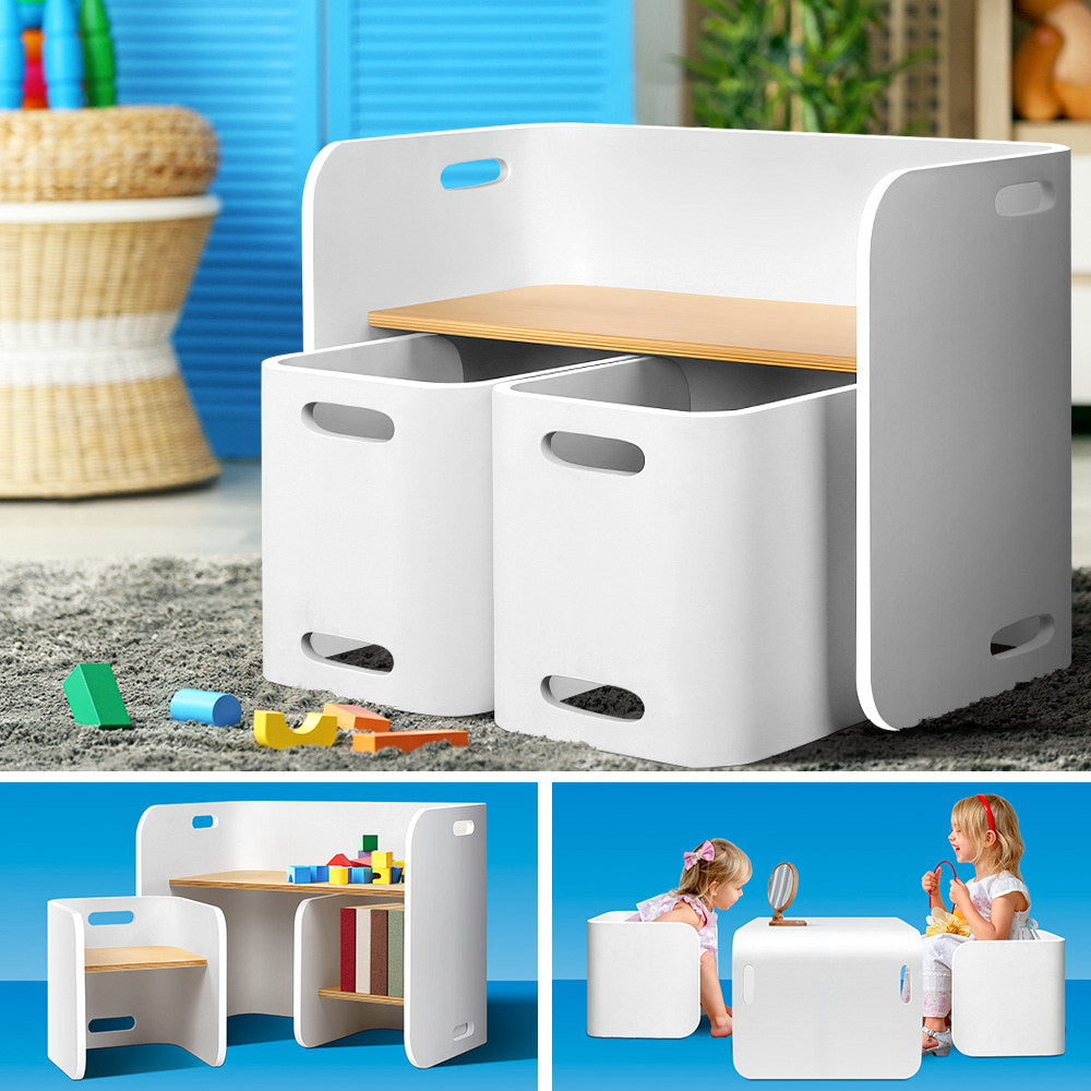 3PC Kids Table and Chairs Storage Desk Set - White - Homecoze