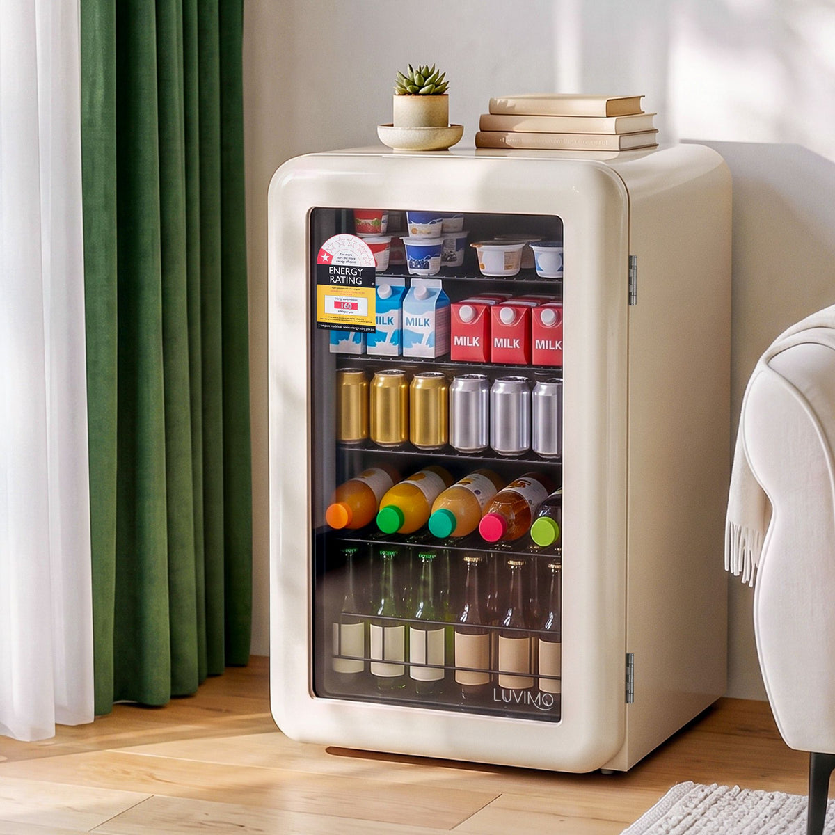 LUVIMO 130L Bar Fridge Mini Refrigerator Glass Door Aesthetics Cooler - Homecoze