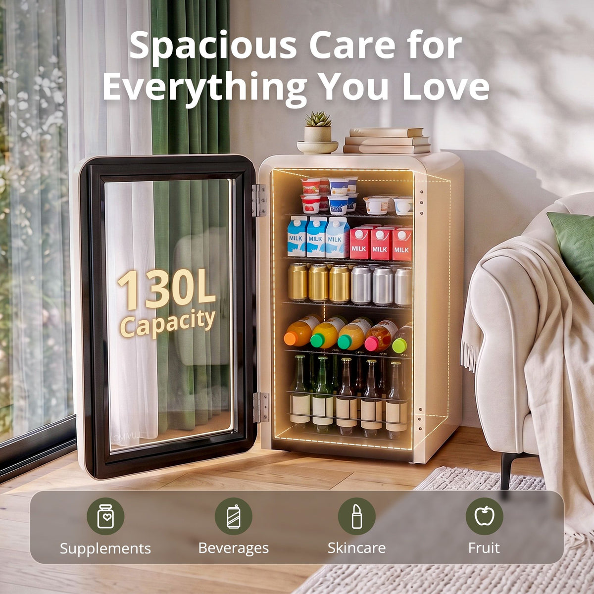 LUVIMO 130L Bar Fridge Mini Refrigerator Glass Door Aesthetics Cooler - Homecoze