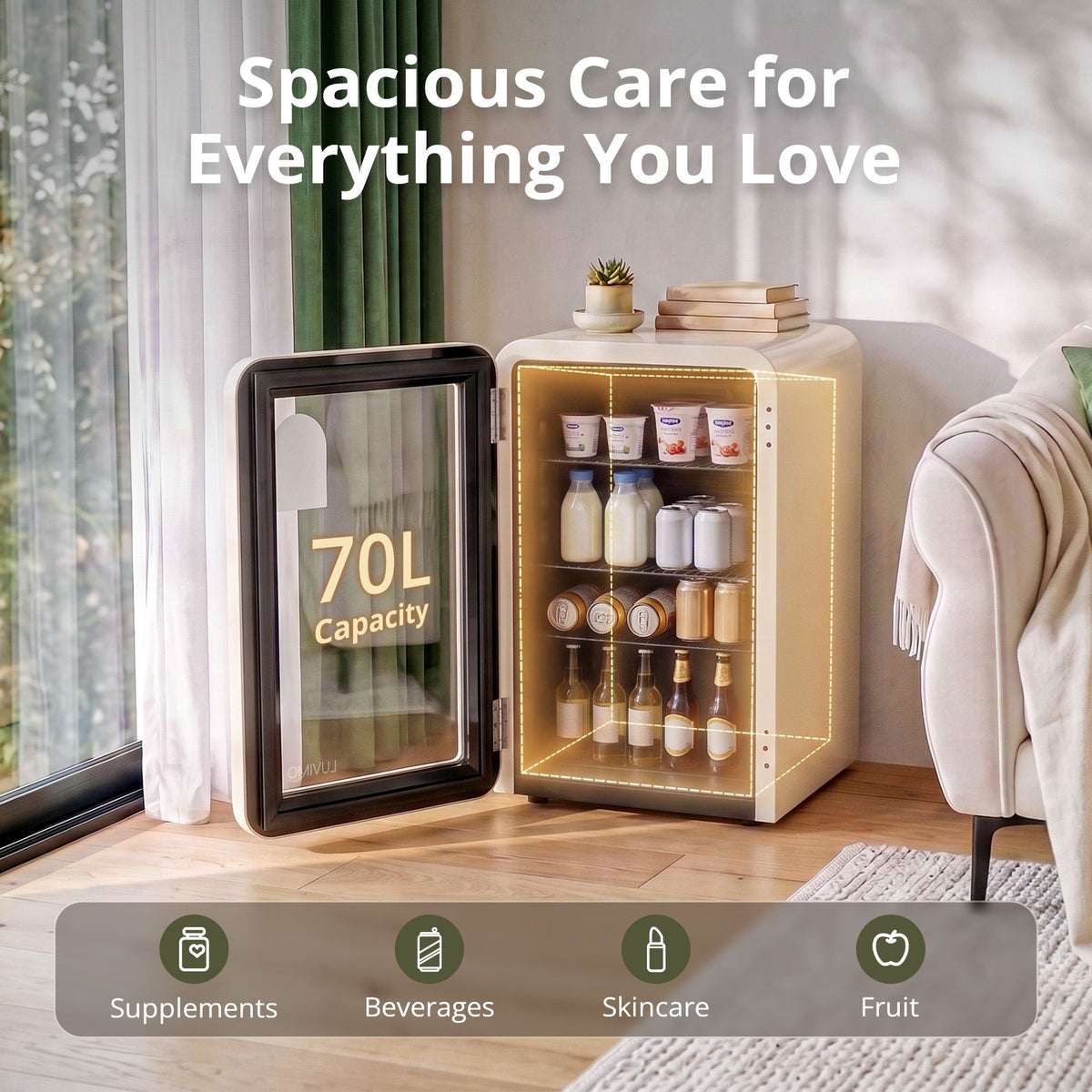 LUVIMO 70L Bar Fridge Mini Refrigerator Glass Door Aesthetics Cooler - Homecoze