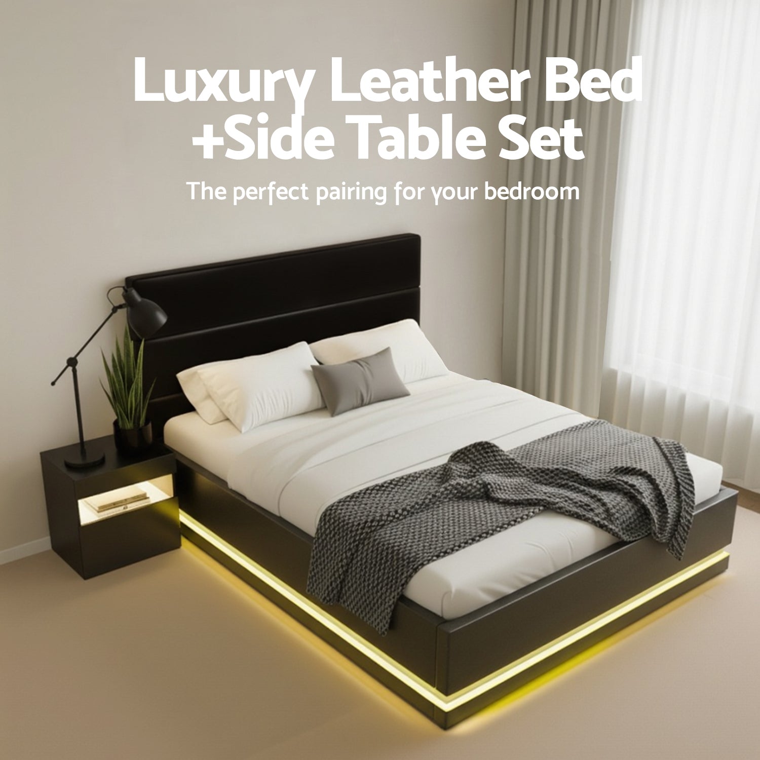Artiss RGB LED Double Bed Frame with Beside Table Set 16 Colour Mood Lighting - Homecoze