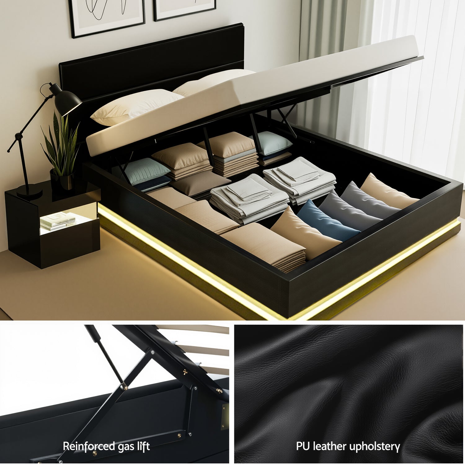 Artiss RGB LED Double Bed Frame with Beside Table Set 16 Colour Mood Lighting - Homecoze