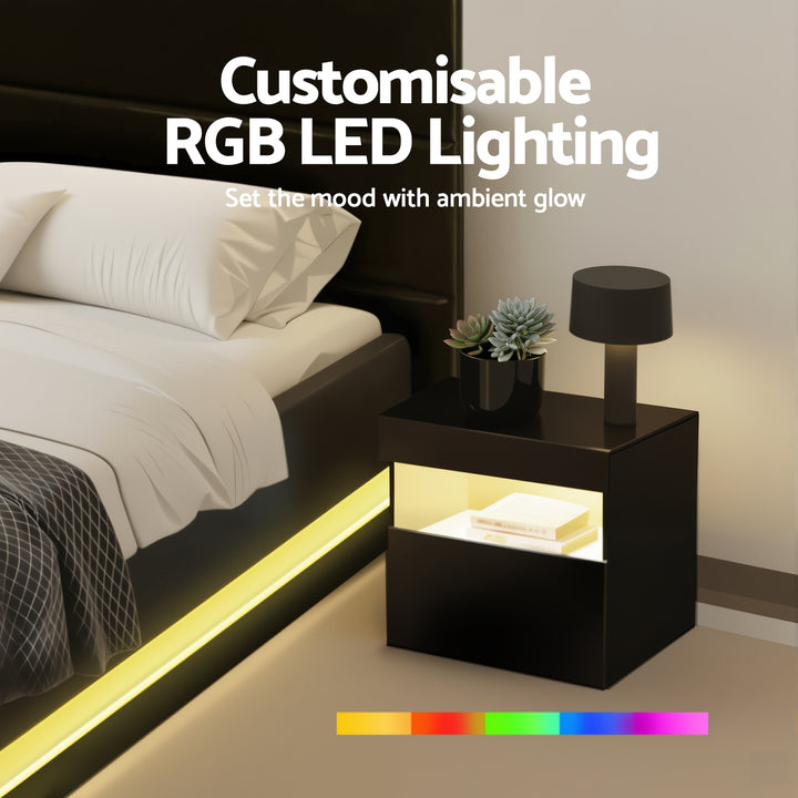Artiss RGB LED Double Bed Frame with Beside Table Set 16 Colour Mood Lighting - Homecoze