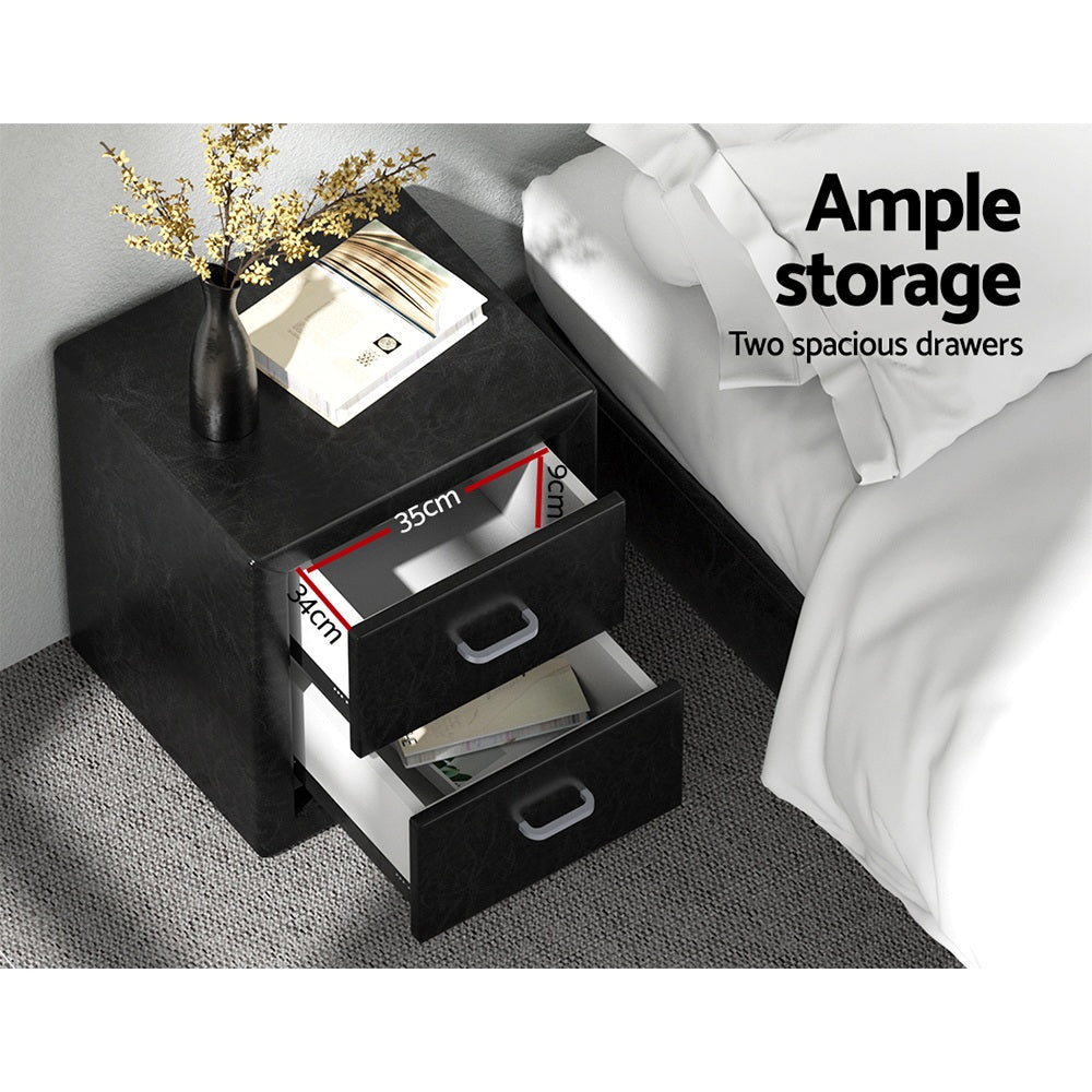 Artiss 2X Bedside Table 2 Drawers Side Table Leather - CADEN Black - Homecoze