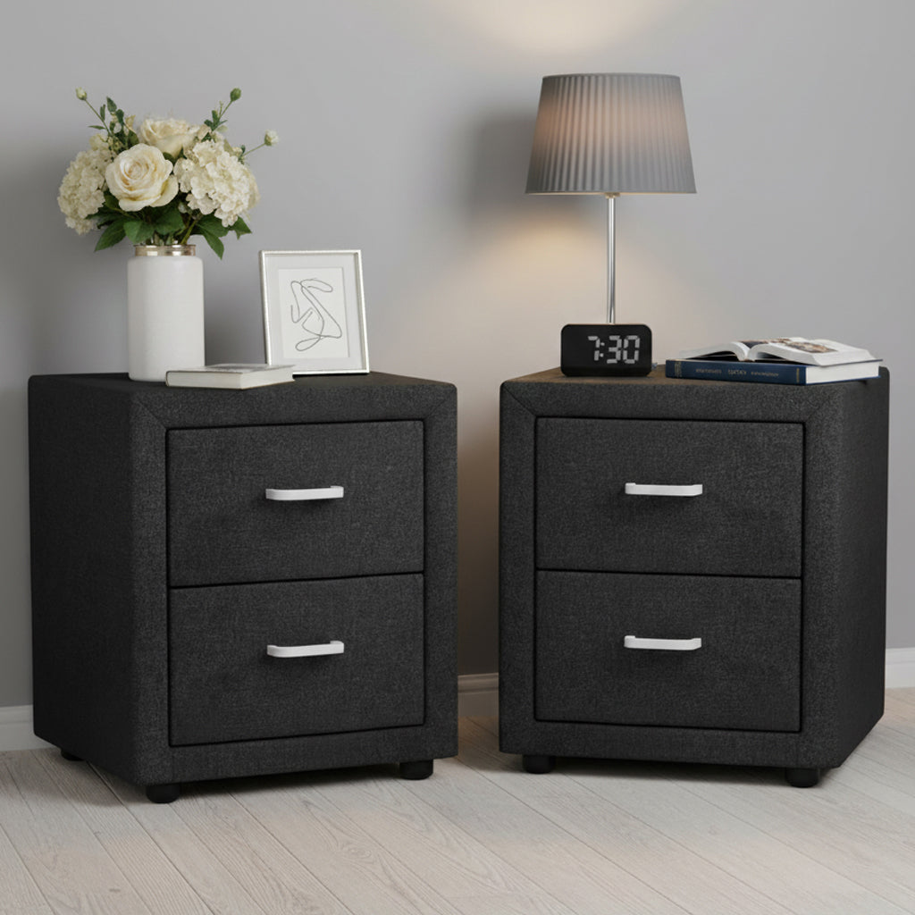 Artiss 2X Bedside Table 2 Drawers Fabric - CADEN Charcoal - Homecoze