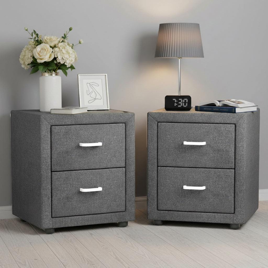 Artiss 2X Bedside Table 2 Drawers Side Table Fabric - CADEN Grey - Homecoze