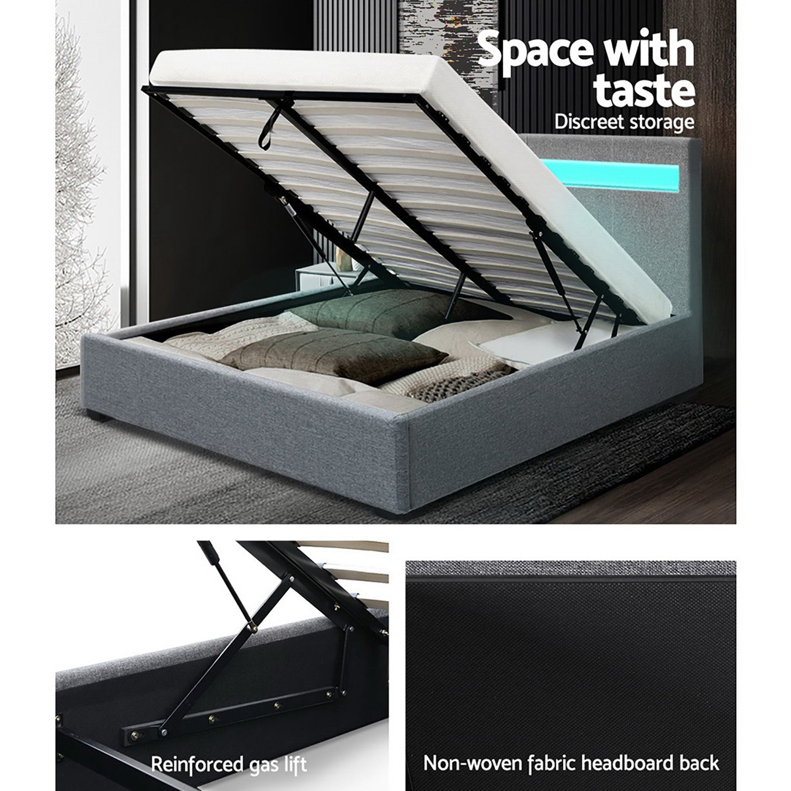 Boston (Queen) Storage Bed Frame | Fabric - Grey - Homecoze