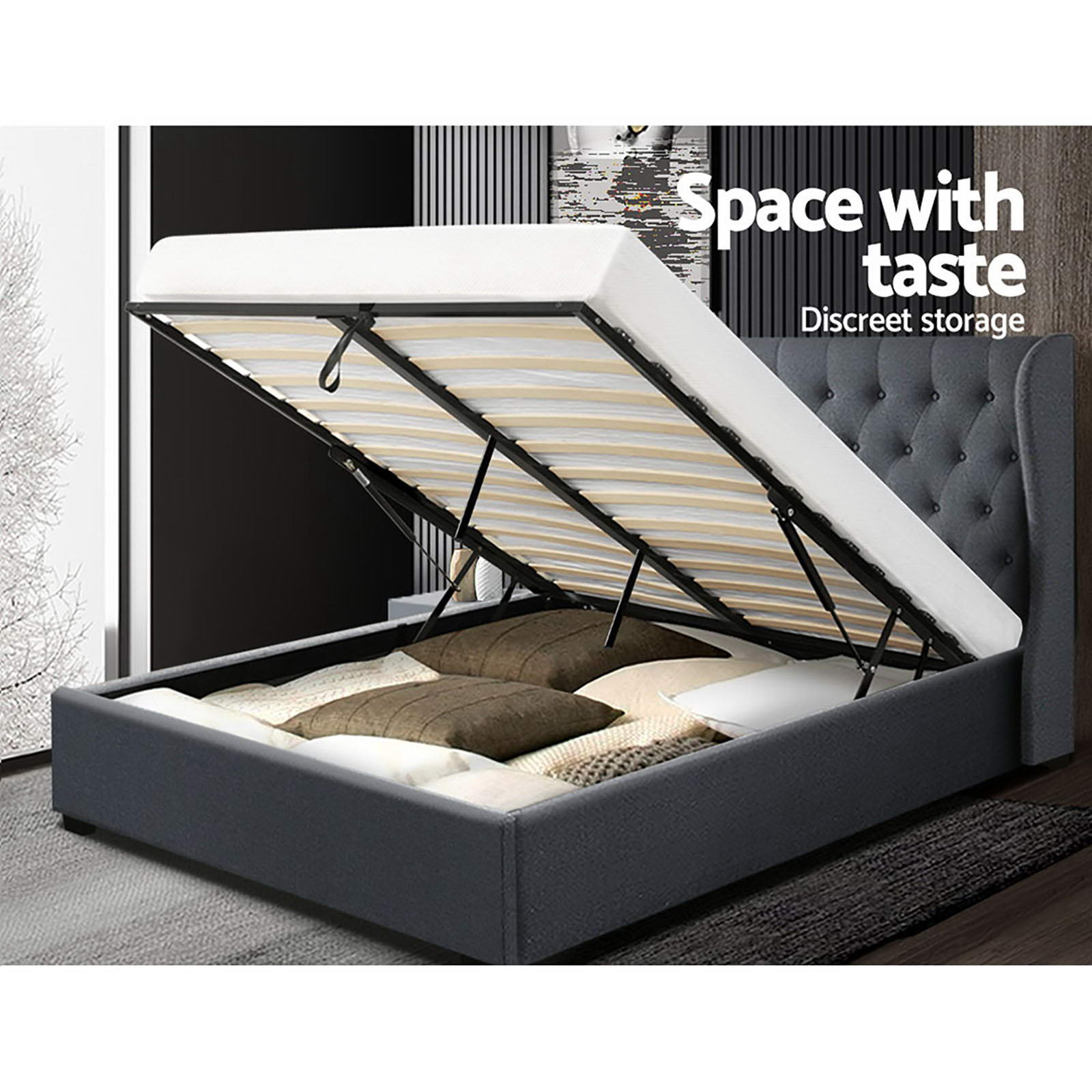 Naples (King) Storage Bed Frame | Fabric - Charcoal - Homecoze