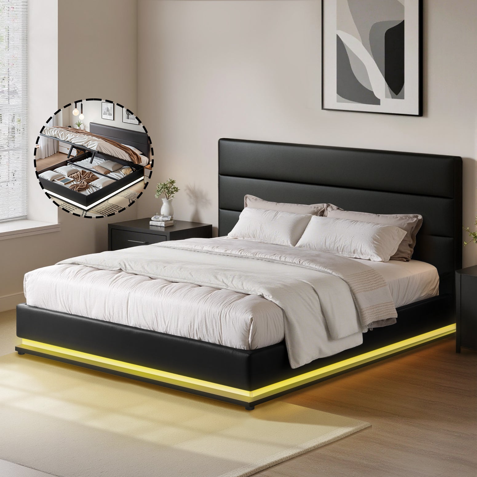 Miami (Queen) Storage Bed Frame | PU Leather - Black - Homecoze