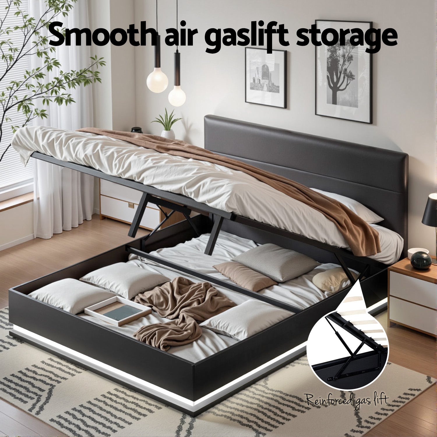 Miami (King) Storage Bed Frame | PU Leather - Black - Homecoze