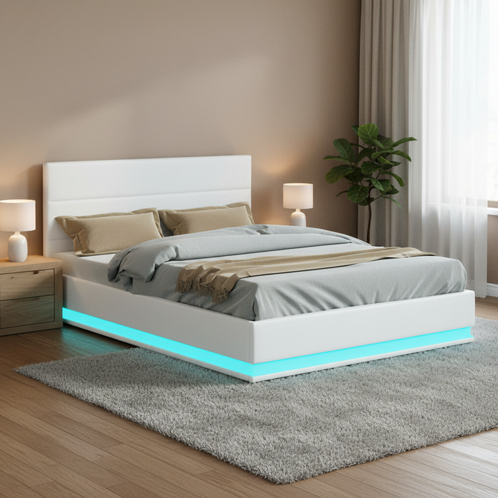 Miami (Queen) LED Gas-Lift Storage Bed Frame - White - Homecoze