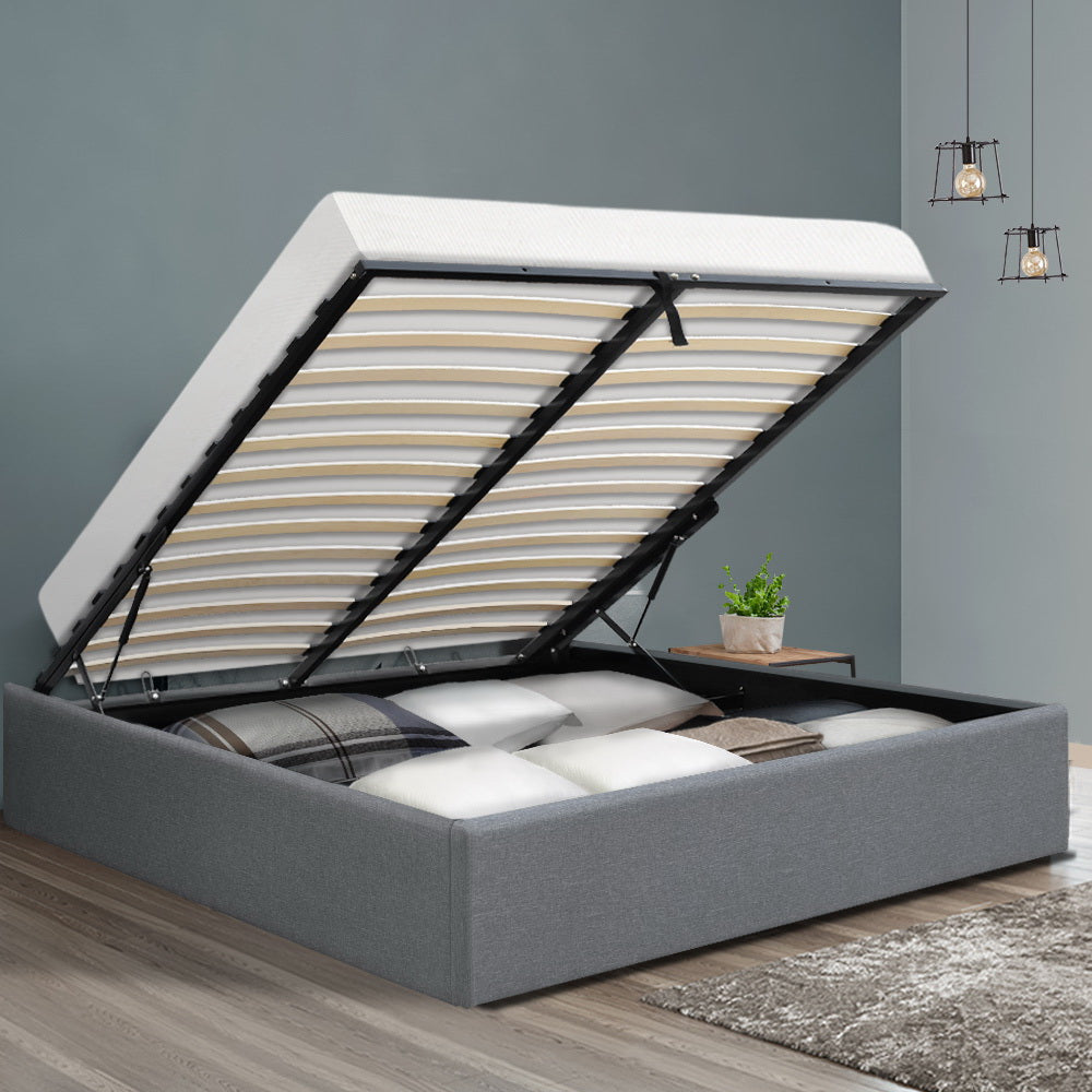 Chicago (Queen) Storage Bed Frame | Fabric - Grey - Homecoze