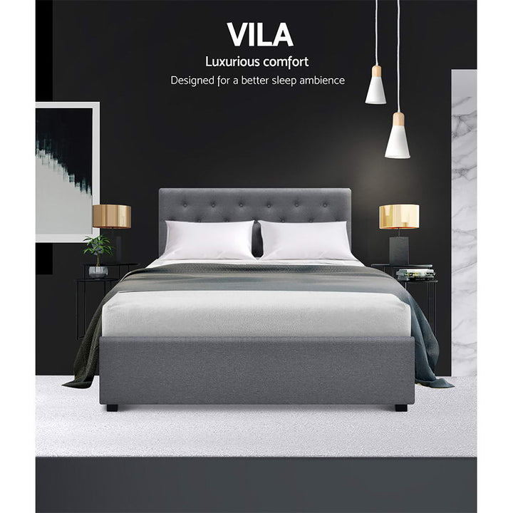 Vila Bed Frame Fabric Gas Lift Storage - Grey Double