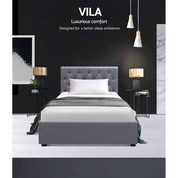 Vila Bed Frame Fabric Gas Lift Storage - Grey King Single