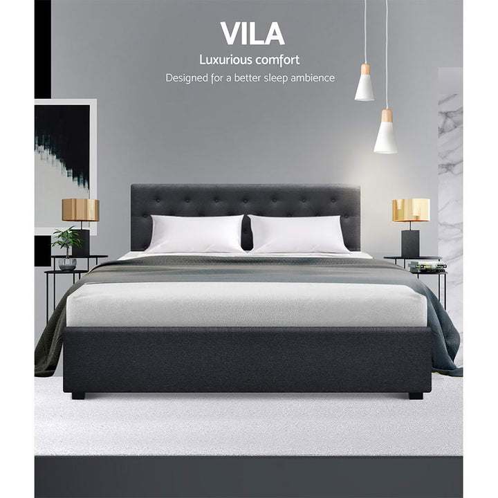 Vila Bed Frame Fabric Gas Lift Storage - Charcoal Queen