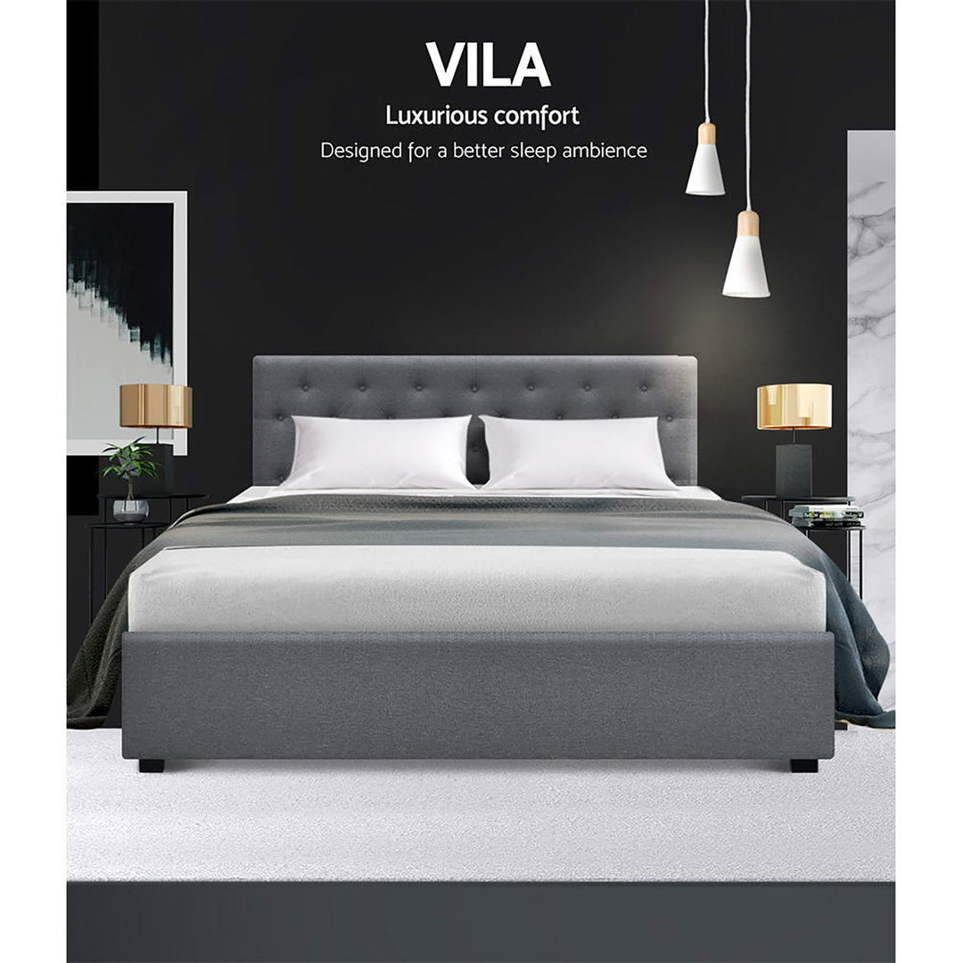 Vila Bed Frame Fabric Gas Lift Storage - Grey Queen