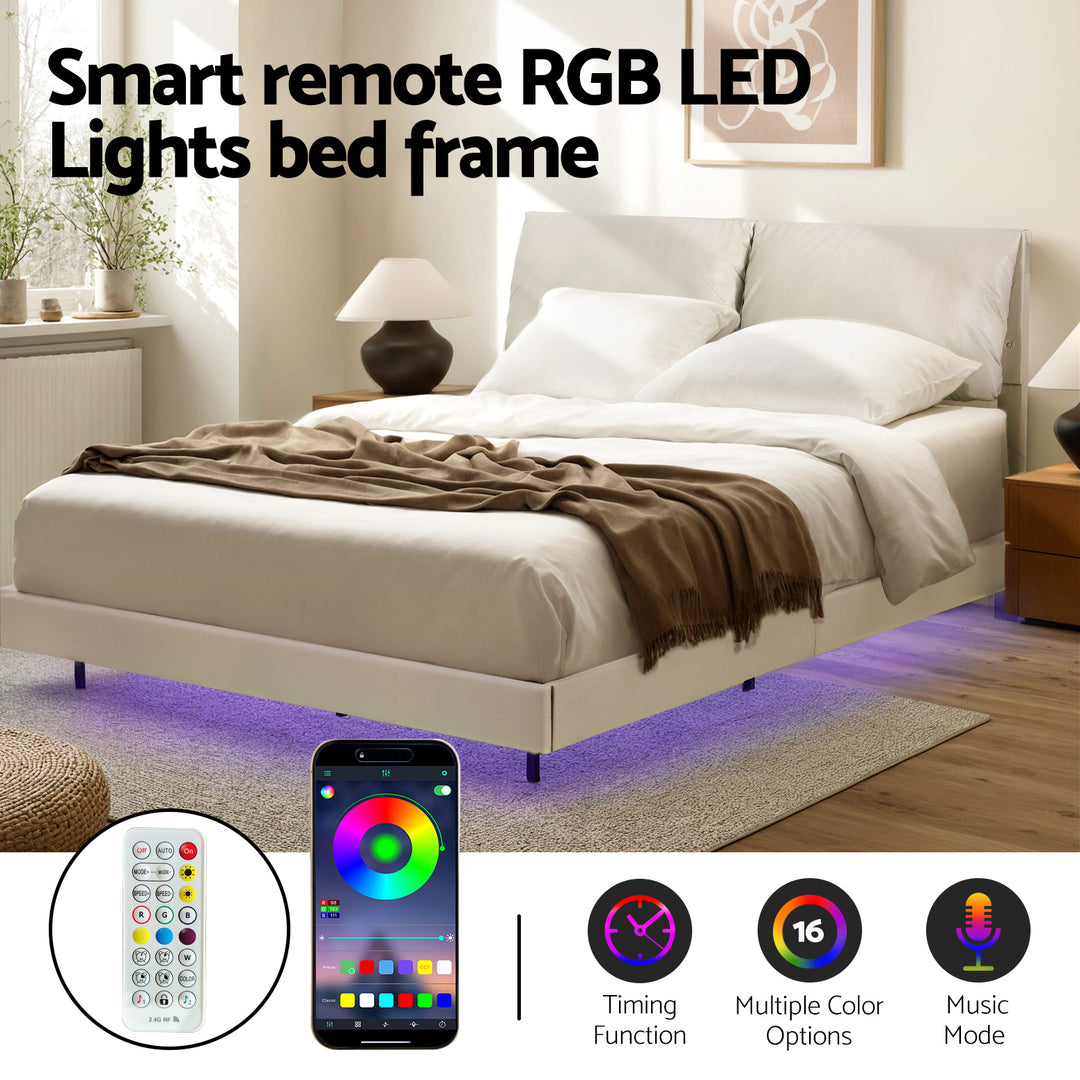 Artiss Double Bed Frame RGB LED Floating Beds Adjustable Headboard Beige White - Homecoze