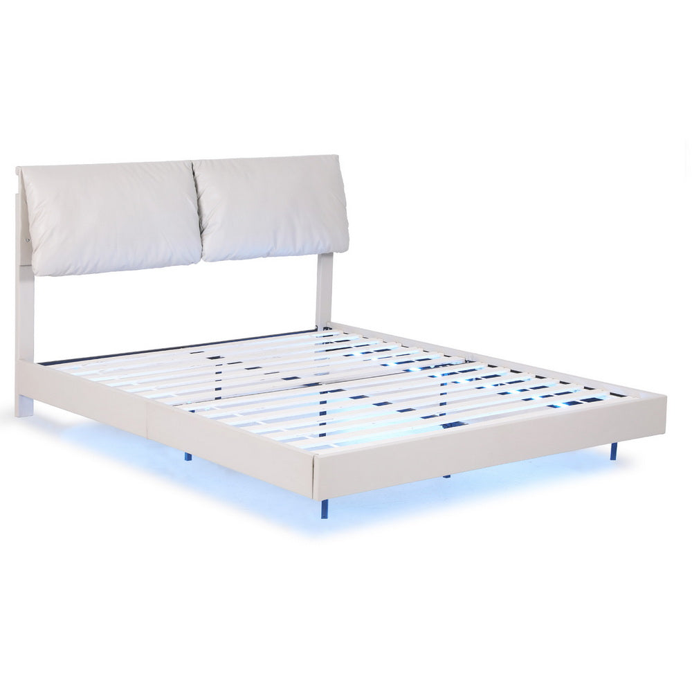 Artiss Queen Bed Frame RGB LED Floating Beds Adjustable Headboard Beige White - Homecoze