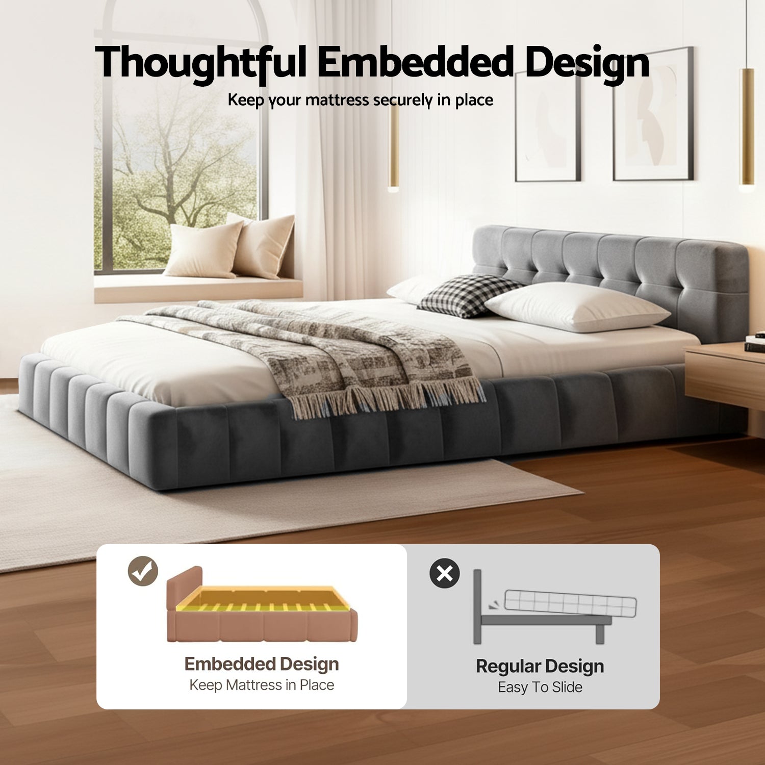 Hamilton (Double) Low Profile Bed Frame - Grey - Homecoze