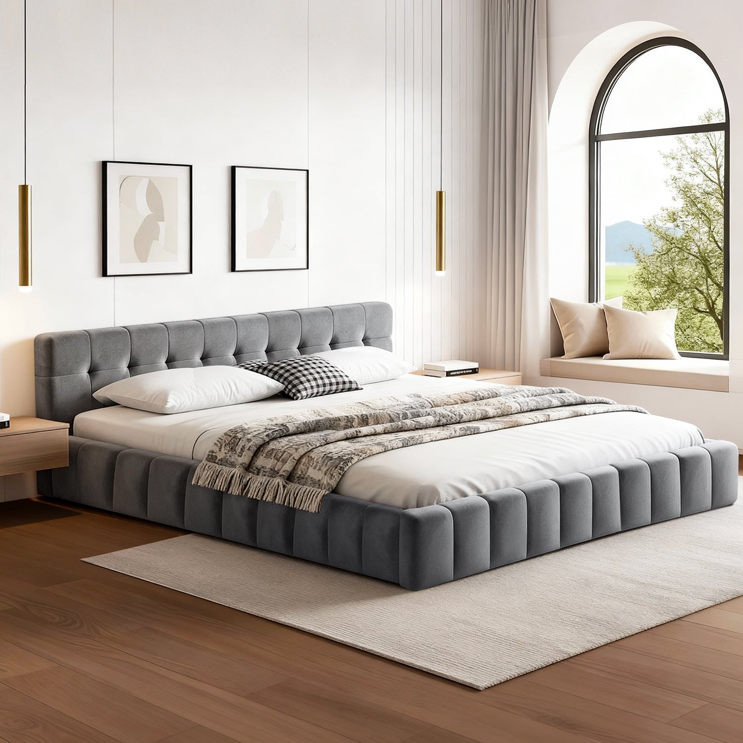 Artiss King Size Bed Frame Plush Soft Headboard Velvet Platform Base for Modern Bedrooms Grey - Homecoze