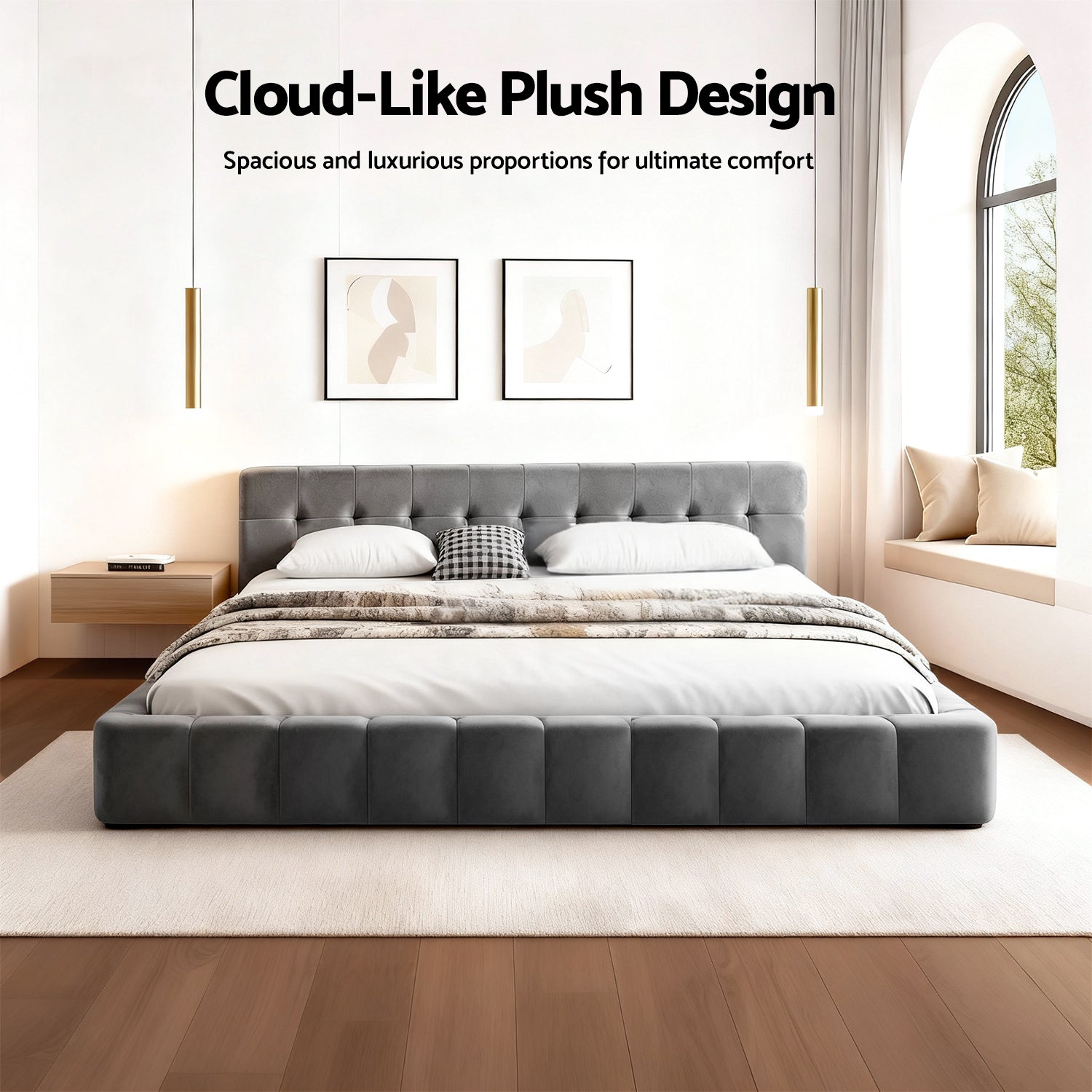 Artiss King Size Bed Frame Plush Soft Headboard Velvet Platform Base for Modern Bedrooms Grey - Homecoze
