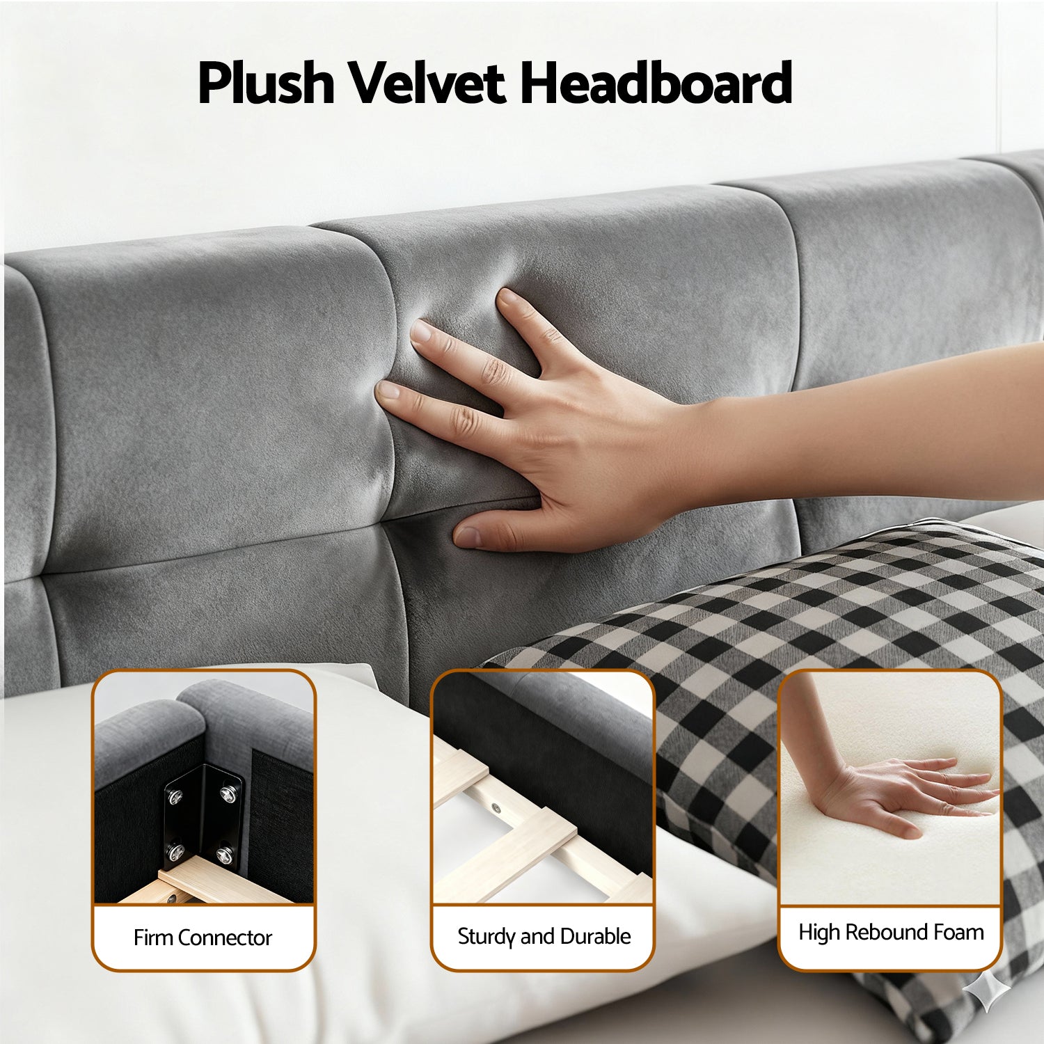 Artiss King Size Bed Frame Plush Soft Headboard Velvet Platform Base for Modern Bedrooms Grey - Homecoze