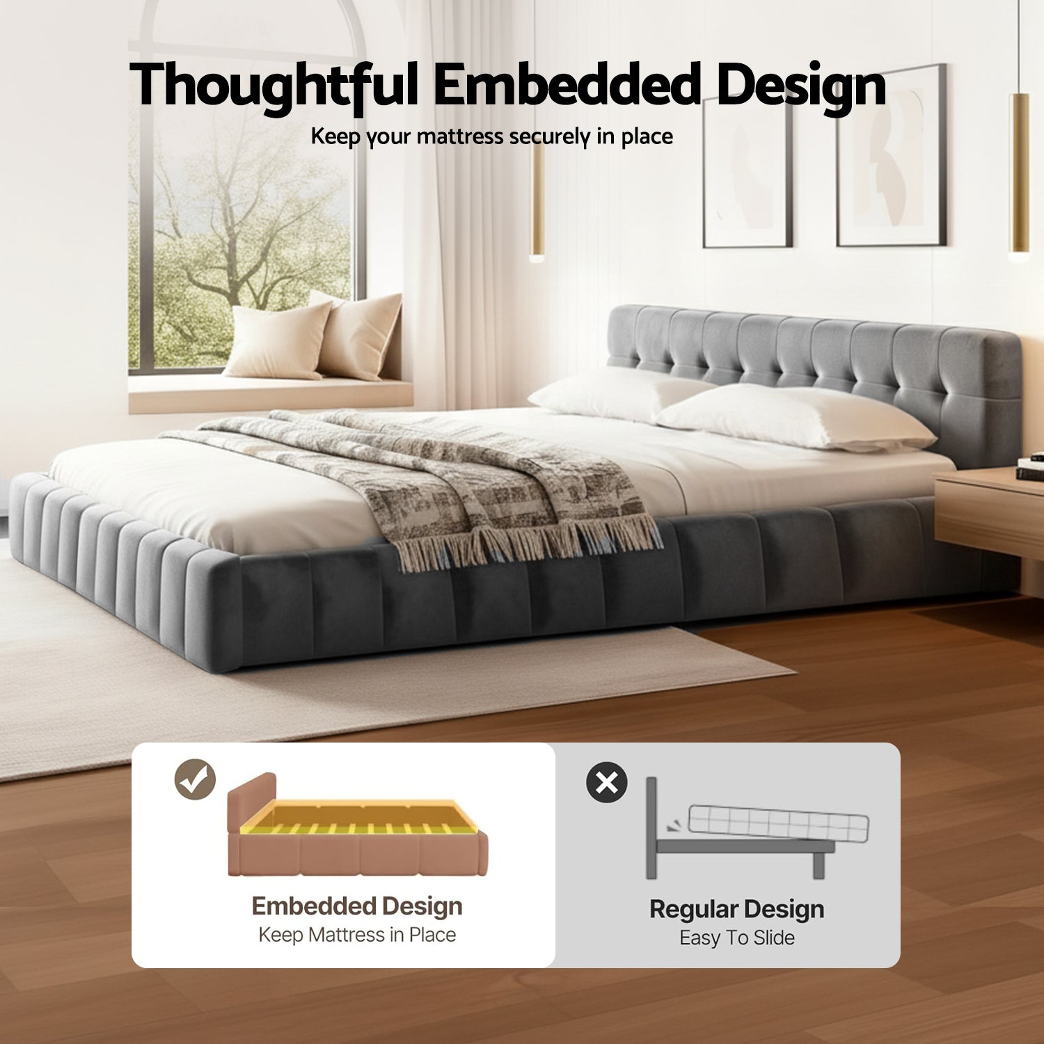 Artiss King Size Bed Frame Plush Soft Headboard Velvet Platform Base for Modern Bedrooms Grey - Homecoze