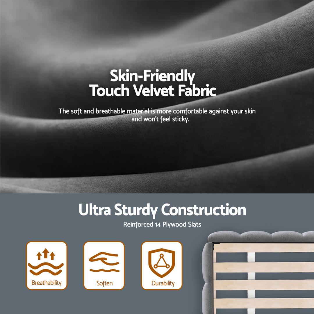 Artiss King Size Bed Frame Plush Soft Headboard Velvet Platform Base for Modern Bedrooms Grey - Homecoze