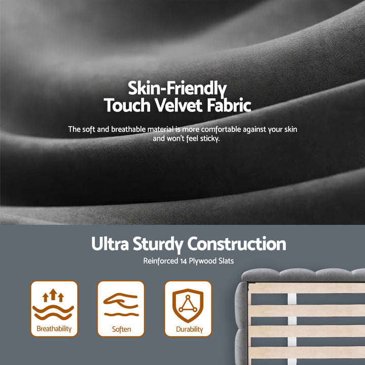 Artiss King Size Bed Frame Plush Soft Headboard Velvet Platform Base for Modern Bedrooms Grey - Homecoze