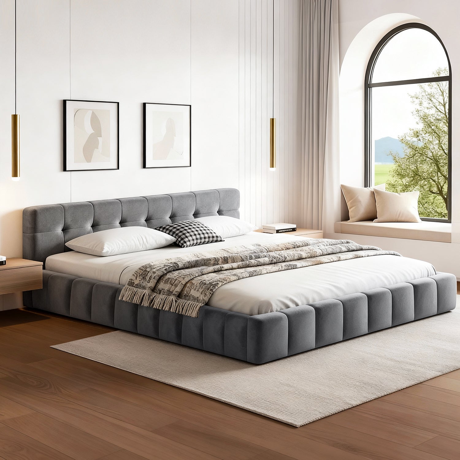 Artiss Queen Size Bed Frame Plush Soft Headboard Velvet Platform Base for Modern Bedrooms Grey - Homecoze