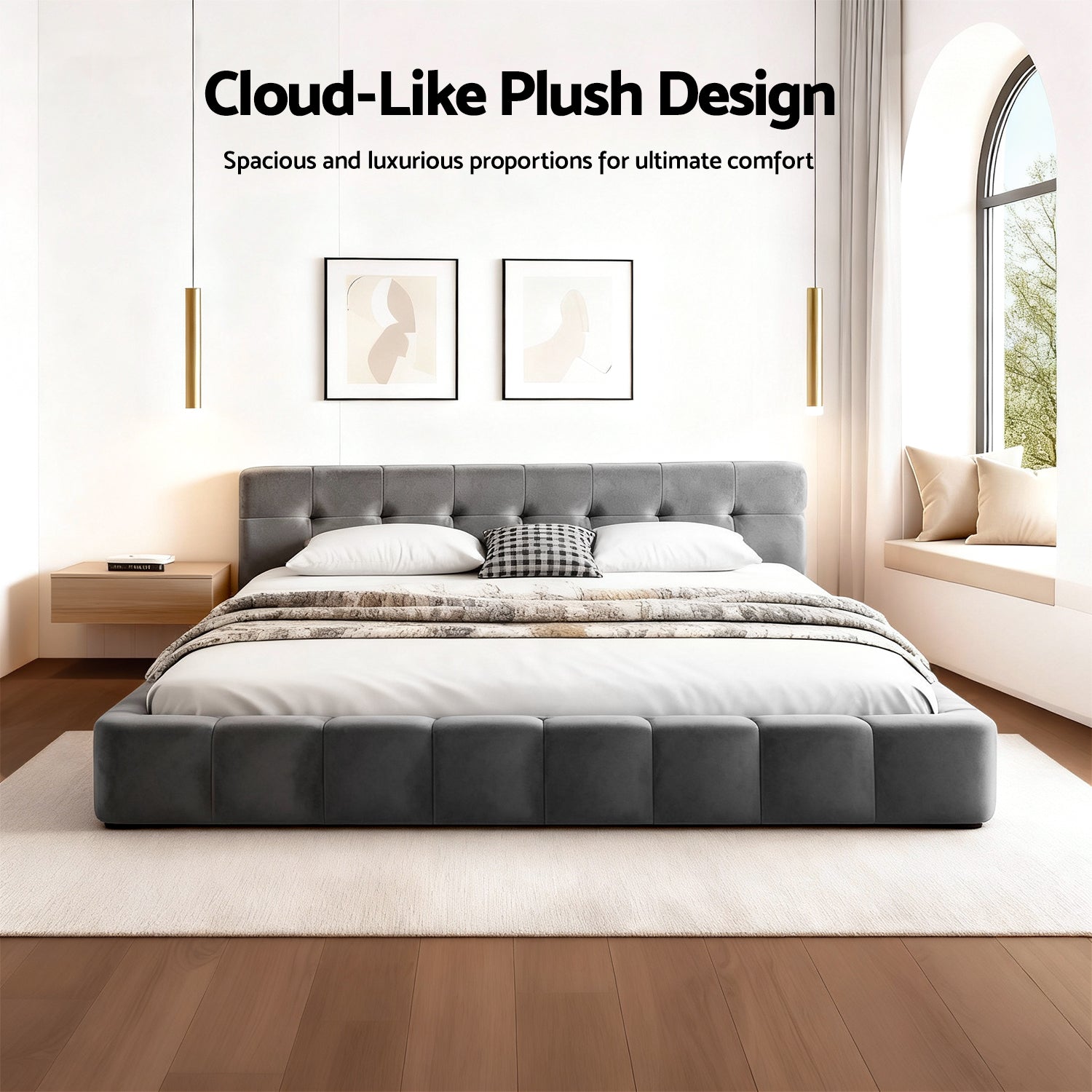 Artiss Queen Size Bed Frame Plush Soft Headboard Velvet Platform Base for Modern Bedrooms Grey - Homecoze