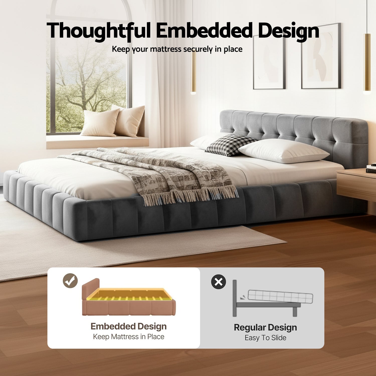 Artiss Queen Size Bed Frame Plush Soft Headboard Velvet Platform Base for Modern Bedrooms Grey - Homecoze