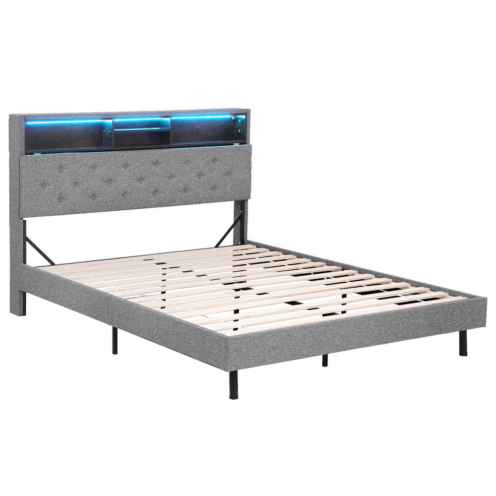Artiss Bed Frame Double Size LED Mattress Base Platform with Storage Shelf Hidden Storage Box Grey - Homecoze