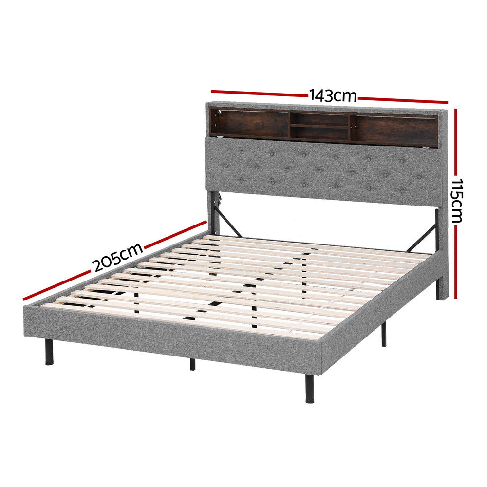 Artiss Bed Frame Double Size LED Mattress Base Platform with Storage Shelf Hidden Storage Box Grey - Homecoze