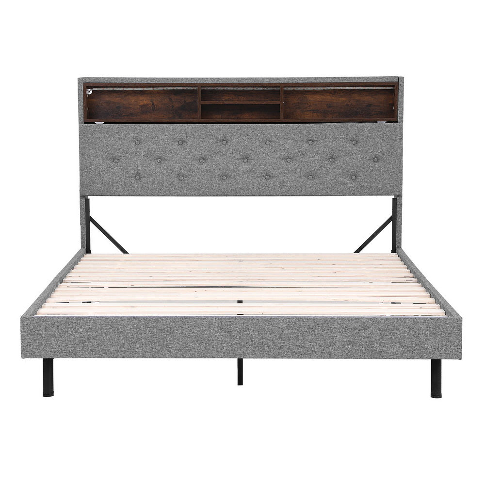 Artiss Bed Frame Double Size LED Mattress Base Platform with Storage Shelf Hidden Storage Box Grey - Homecoze
