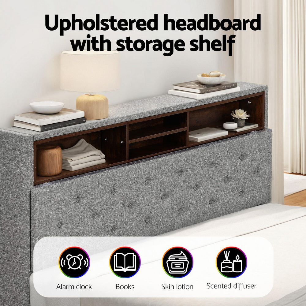 Artiss Bed Frame Double Size LED Mattress Base Platform with Storage Shelf Hidden Storage Box Grey - Homecoze