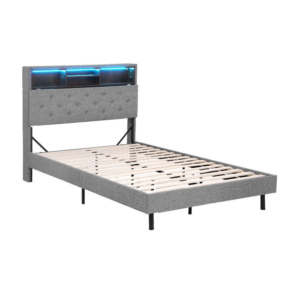 Artiss Bed Frame King Single Size LED Mattress Base Platform with Storage Shelf Hidden Storage Box Grey - Homecoze