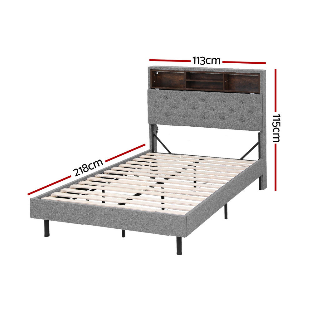 Artiss Bed Frame King Single Size LED Mattress Base Platform with Storage Shelf Hidden Storage Box Grey - Homecoze